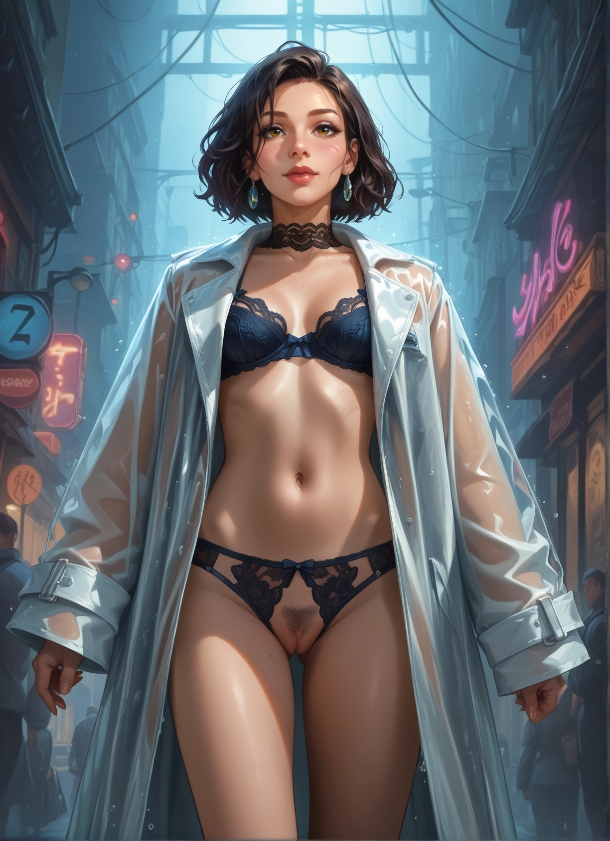 underwear, bra, jewelry, pubic hair, earrings, panties · Yamete.gg