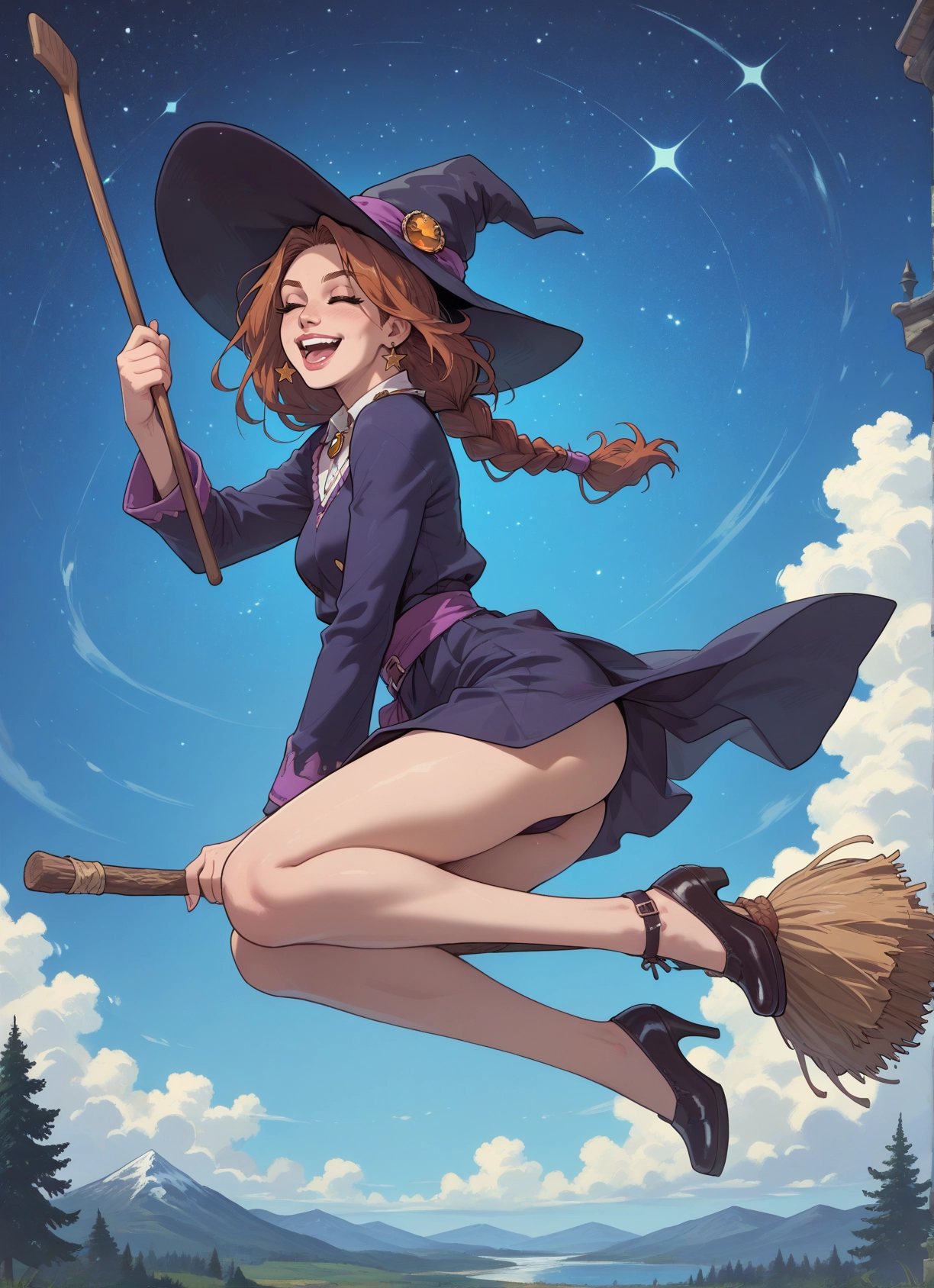 1girl, hat, witch hat, broom, broom riding, braid · Yamete.gg