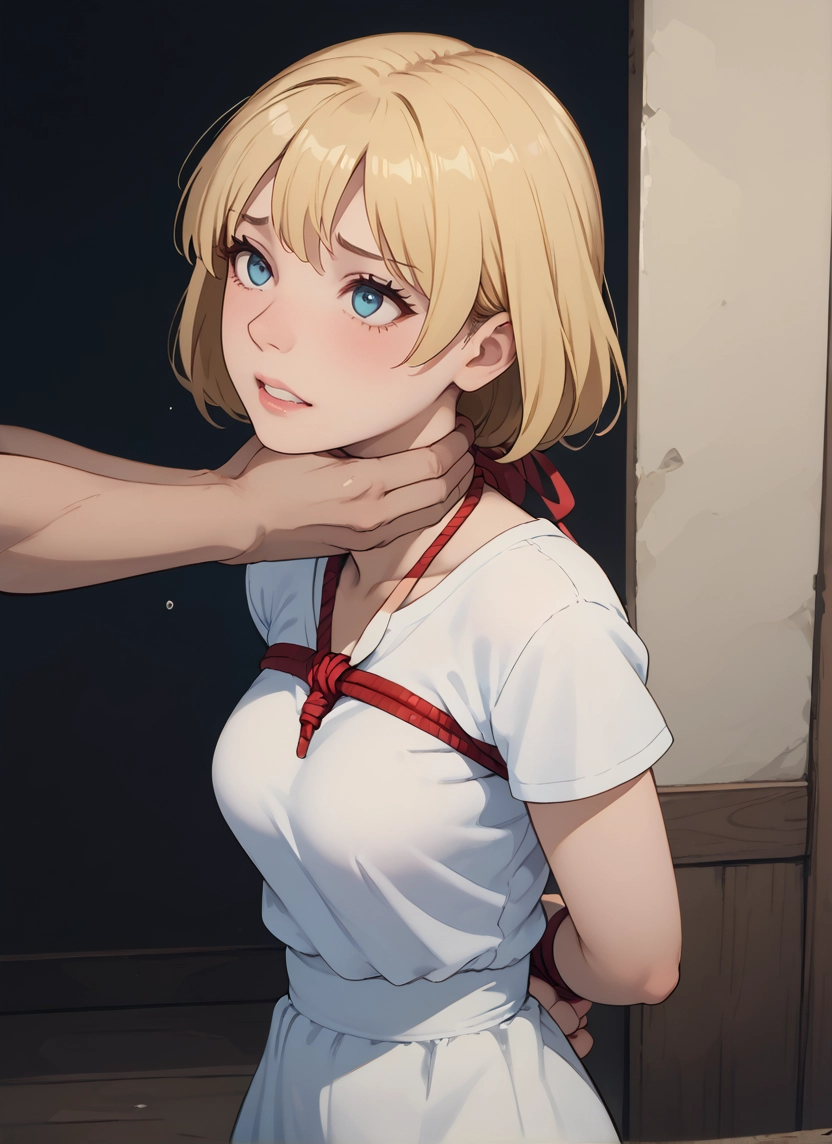1girl, blonde hair, blue eyes, bound, bdsm, arms behind back · Yamete.gg