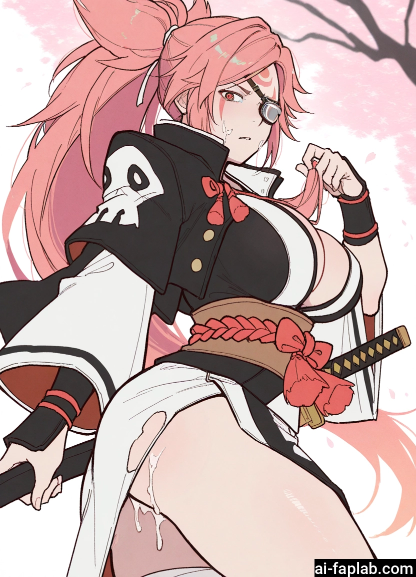 1girl, breasts, pink hair, weapon, sword, eyepatch