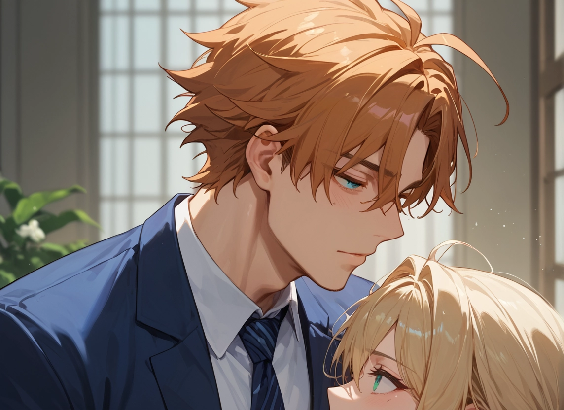 1girl, 1boy, blonde hair, necktie, ahoge, shirt