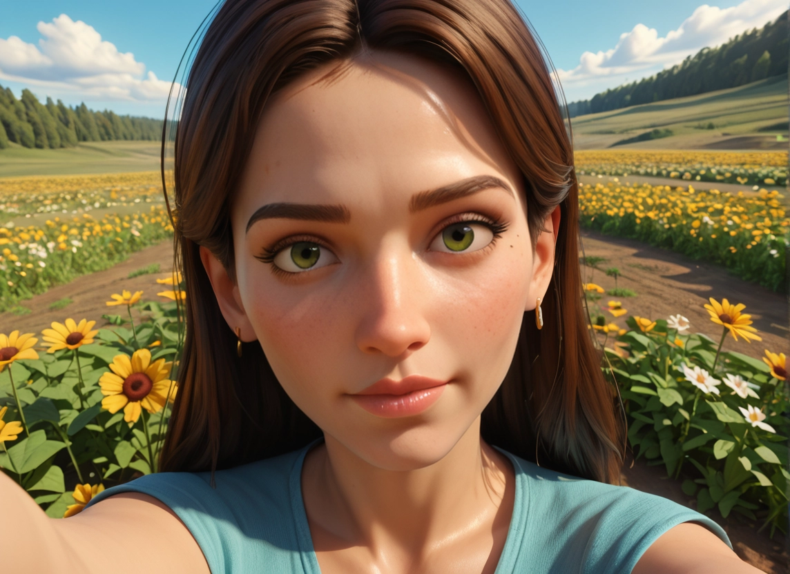 1girl, flower, solo, brown hair, green eyes, freckles · Yamete.gg