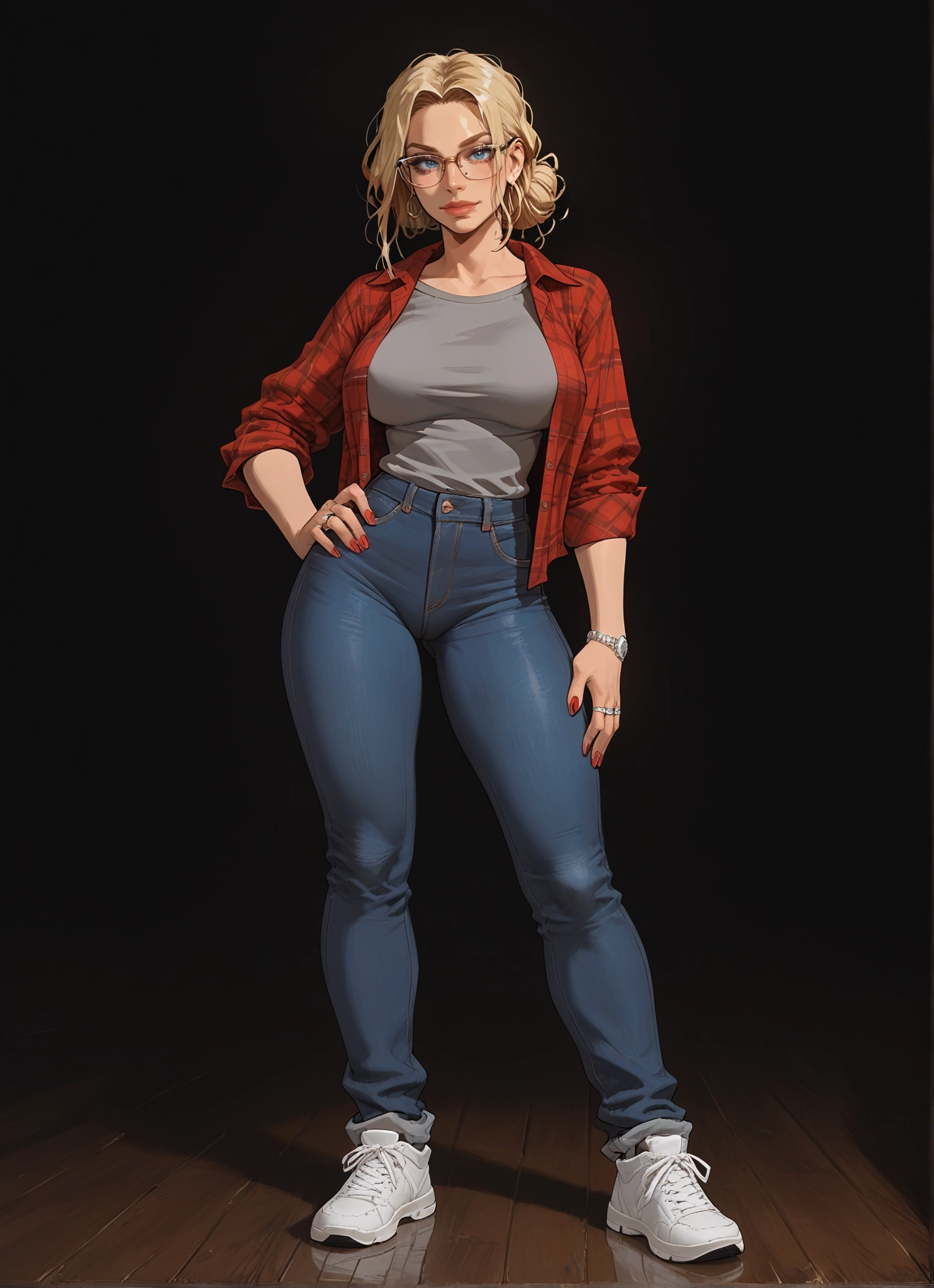 1girl, blonde hair, pants, blue eyes, breasts, jewelry · Yamete.gg