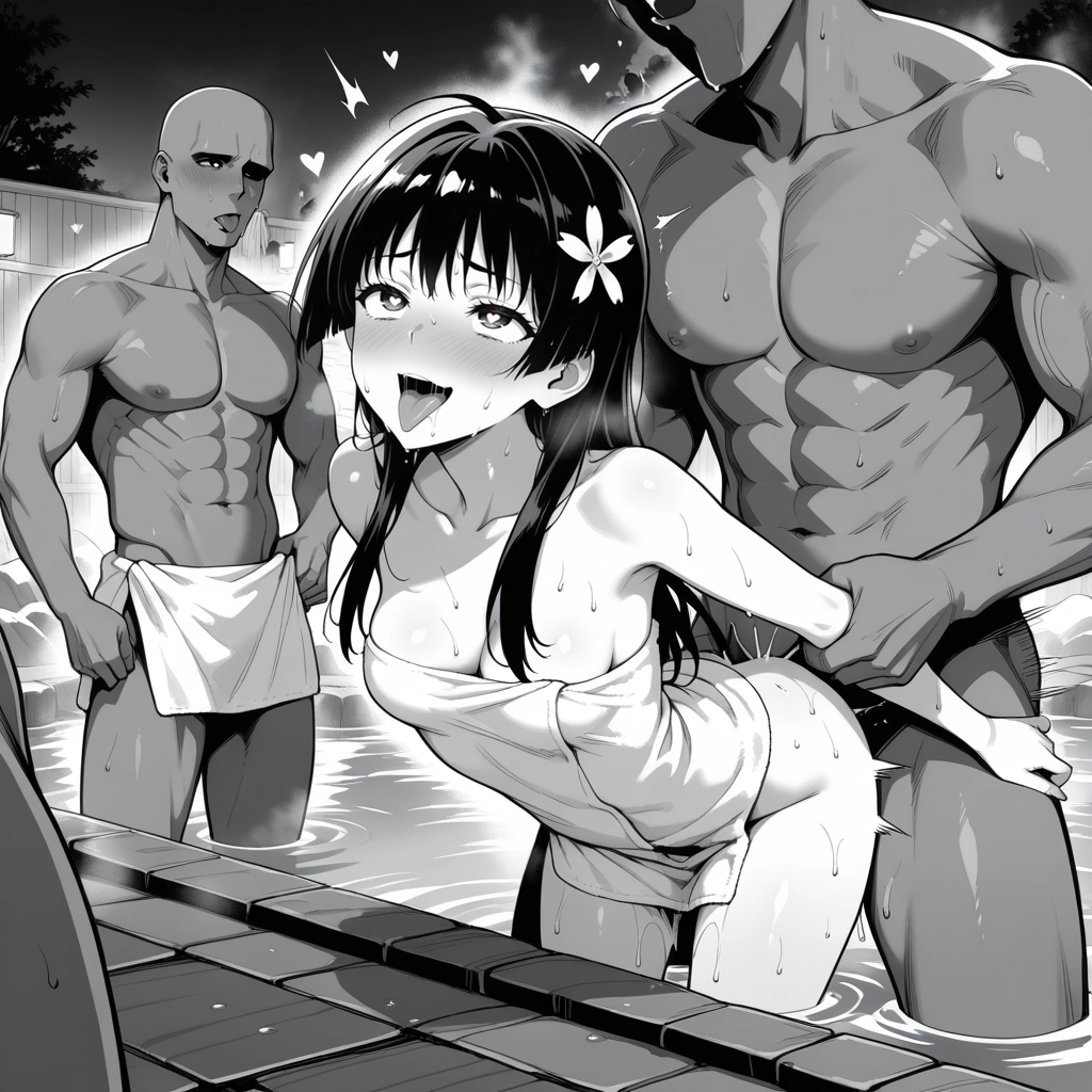 naked towel, 1girl, multiple boys, 2boys, heart-shaped pupils, greyscale · Yamete.gg
