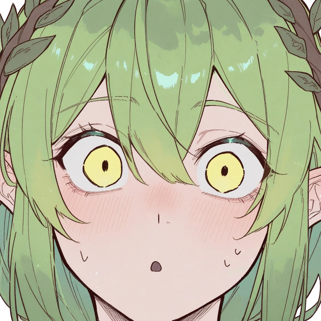 1girl, green hair, solo, blush, yellow eyes, pointy ears