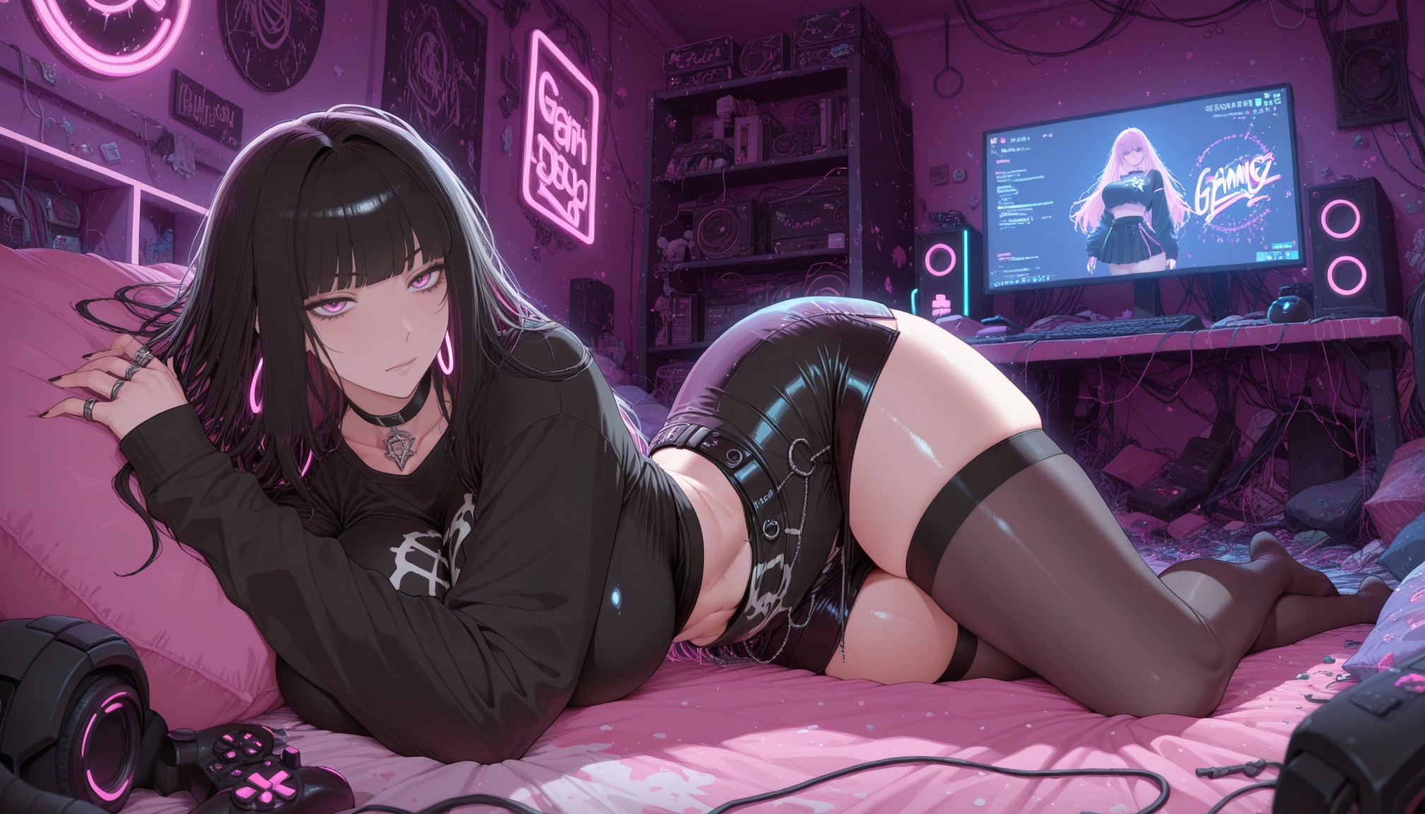 thighhighs, 1girl, black hair, breasts, jewelry, lying · Yamete.gg