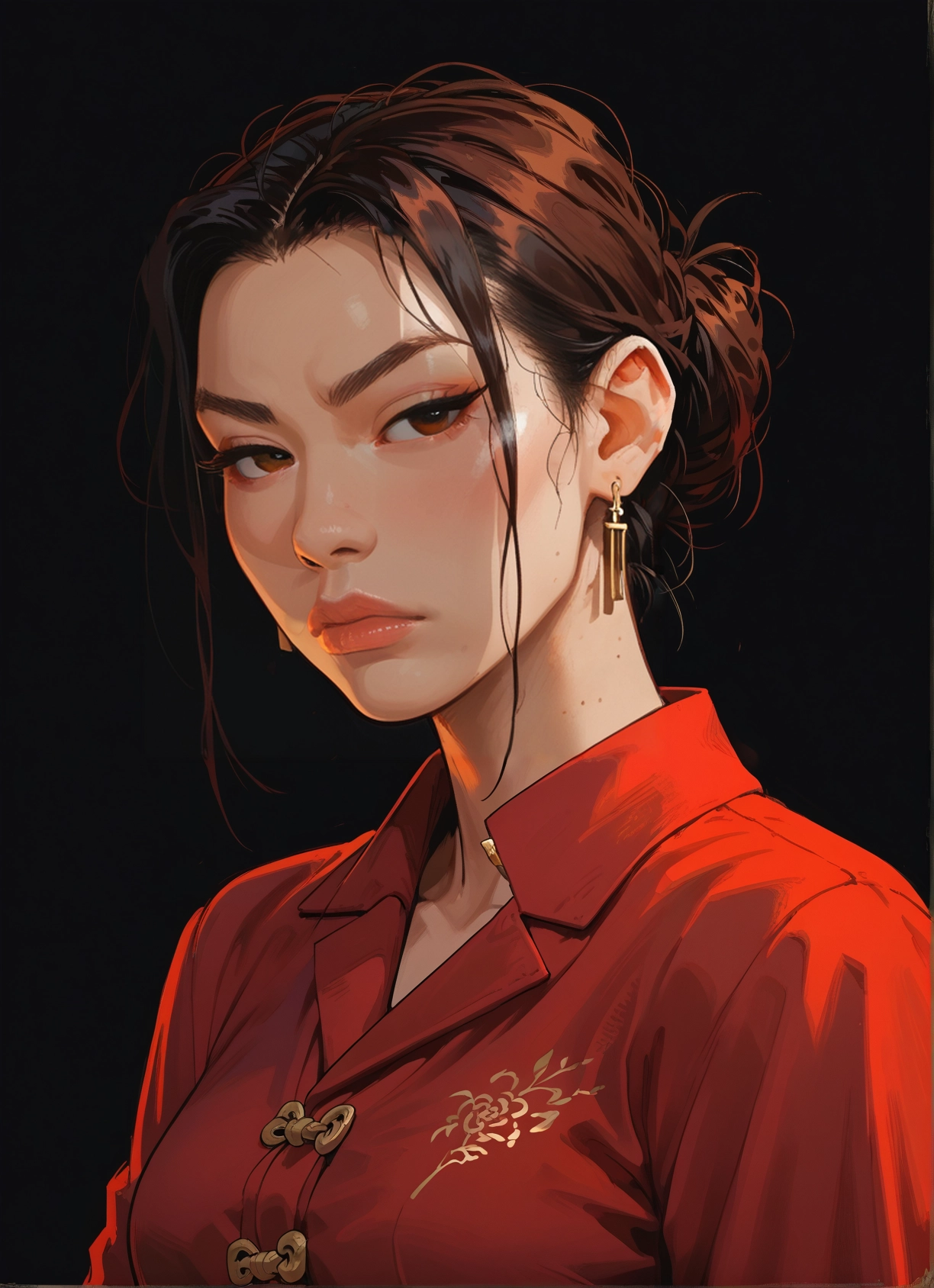 1girl, solo, jewelry, earrings, brown eyes, shirt · Yamete.gg