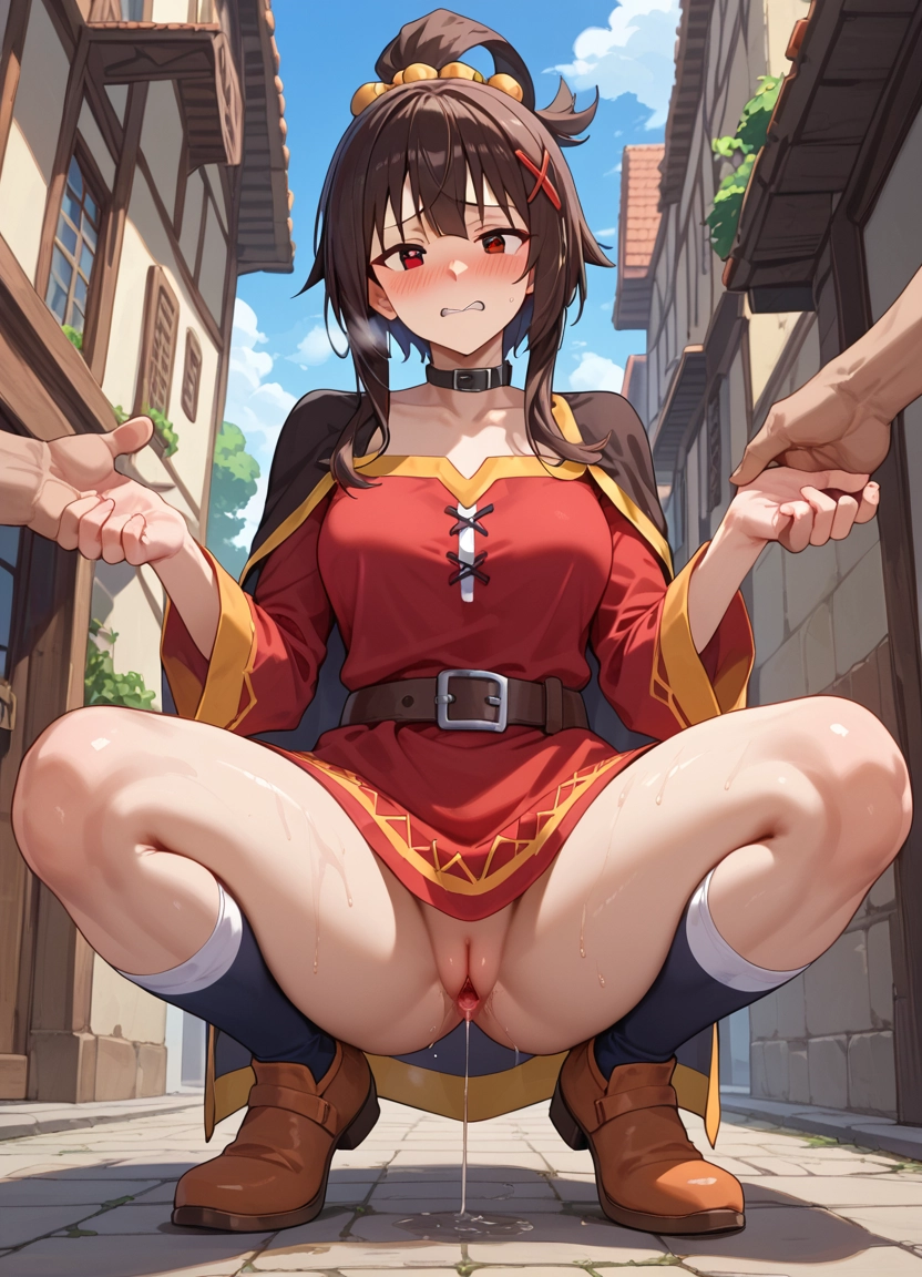 1girl, red eyes, blush, pussy, squatting, belt · Yamete.gg