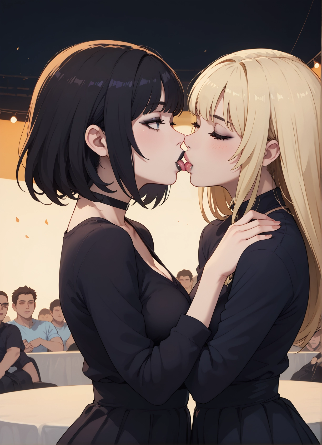 multiple girls, 2girls, blonde hair, black hair, closed eyes, breasts · Yamete.gg