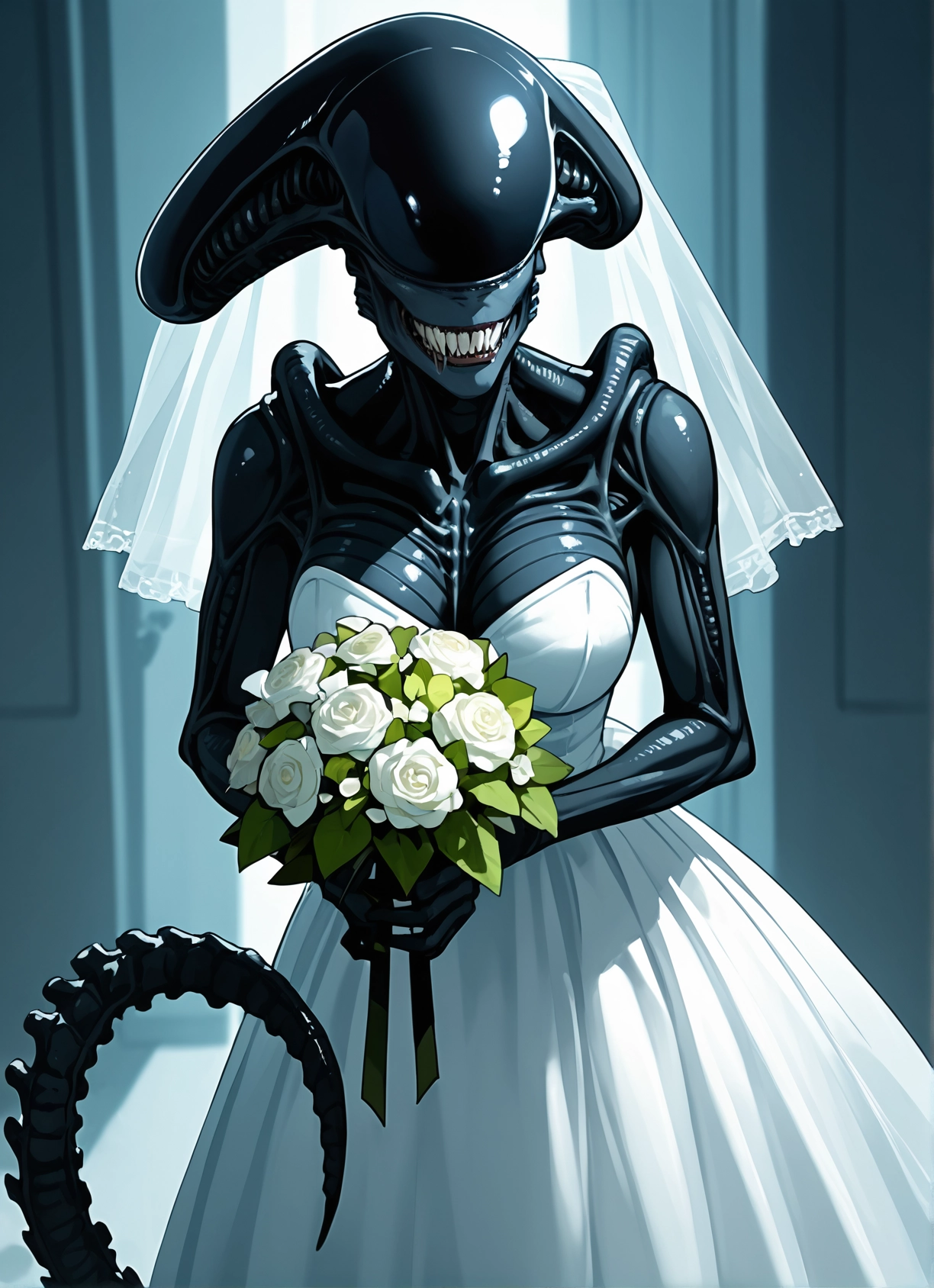 dress, 1girl, flower, wedding dress, veil, bouquet · Yamete.gg