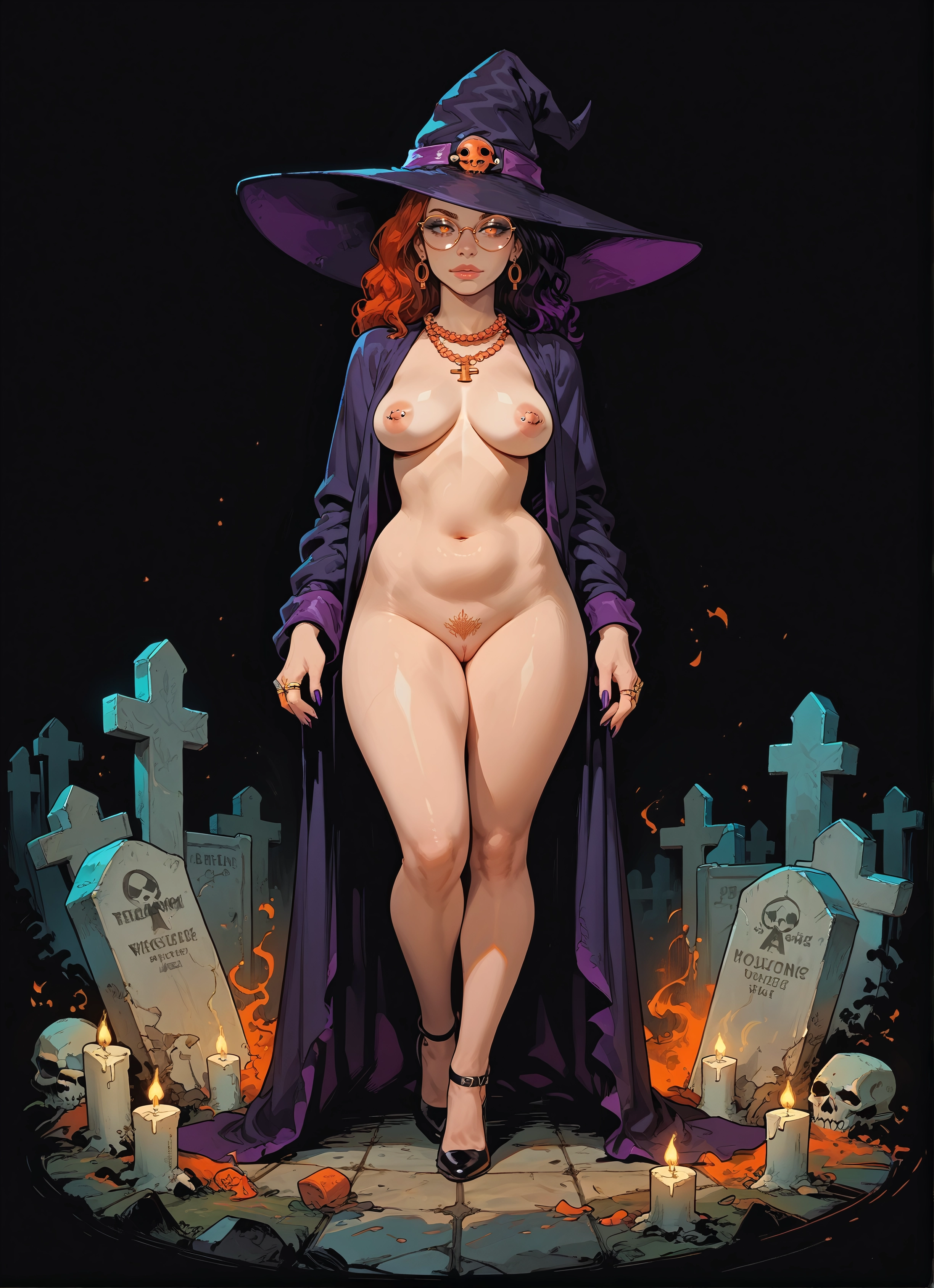 1girl, hat, nipple piercing, piercing, breasts, witch hat · Yamete.gg