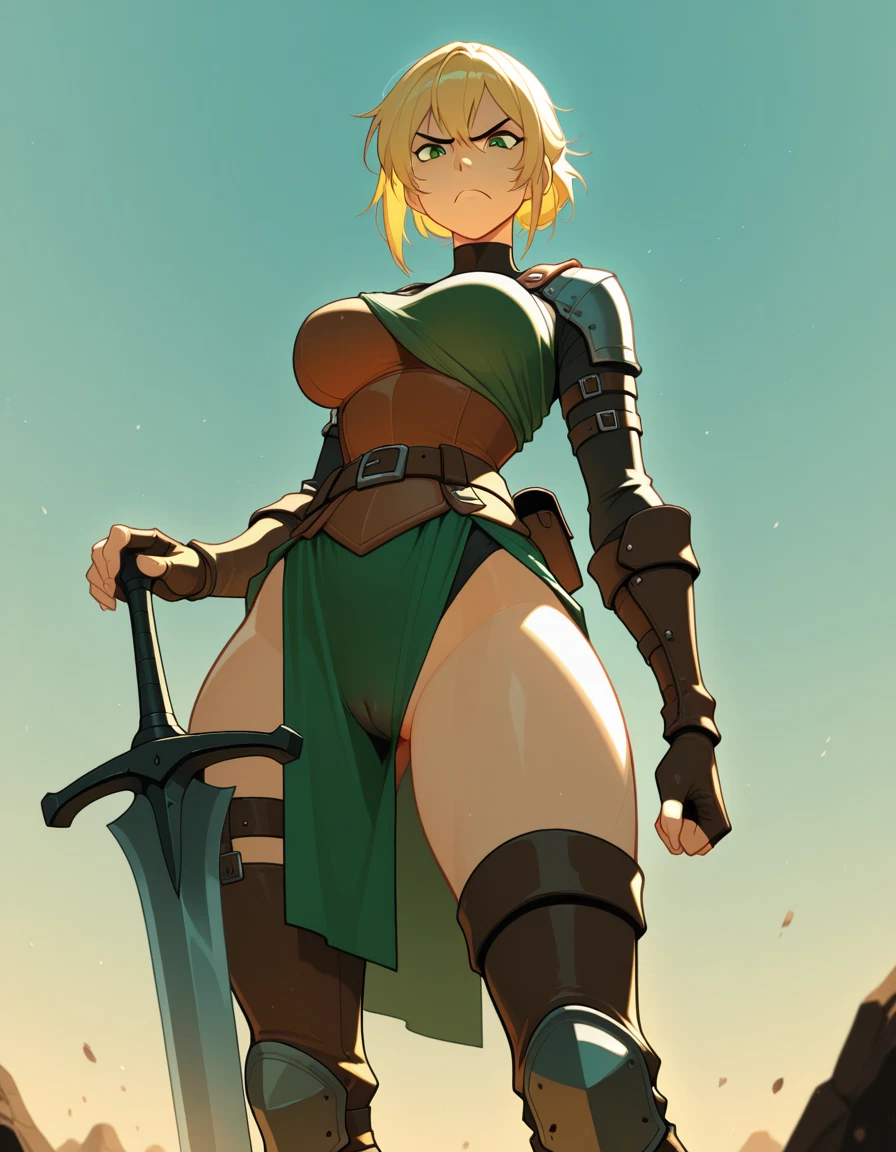 1girl, blonde hair, breasts, weapon, solo, green eyes