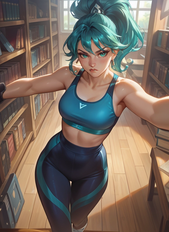1girl, breasts, solo, sports bra, jewelry, bookshelf · Yamete.gg