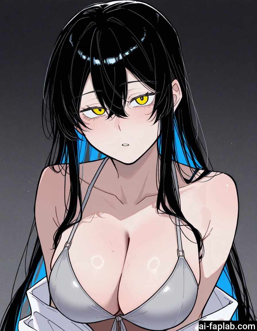 1girl, breasts, black hair, long hair, yellow eyes, swimsuit