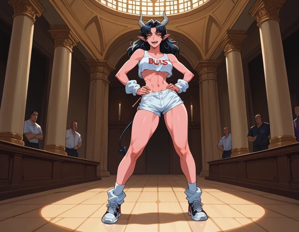 1girl, demon tail, hands on hips, tail, horns, pointy ears · Yamete.gg