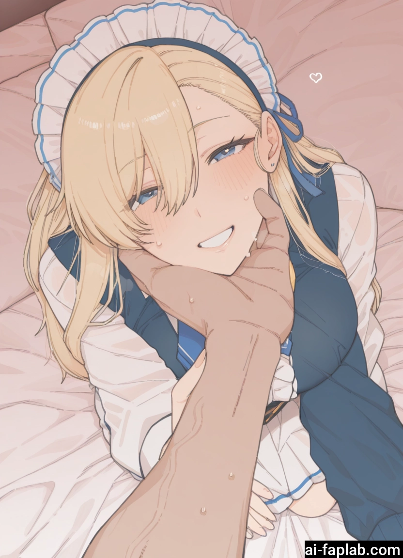 1girl, blonde hair, blue eyes, smile, maid headdress, blush
