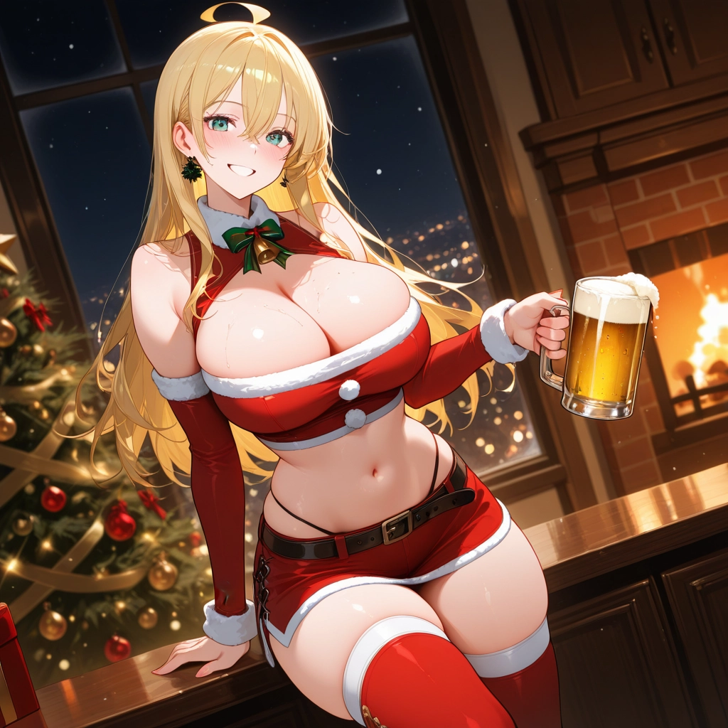 breasts, 1girl, blonde hair, thighhighs, smile, navel · Yamete.gg