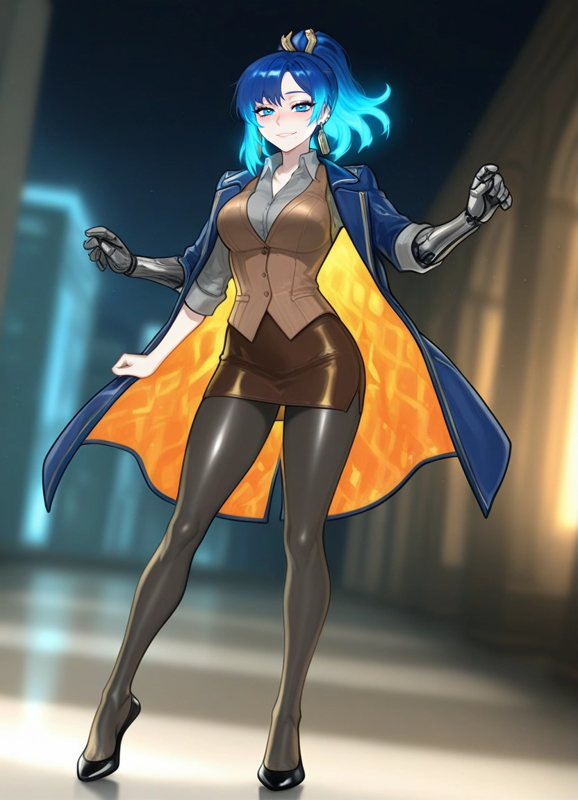 1girl, solo, skirt, pantyhose, blue hair, breasts · Yamete.gg