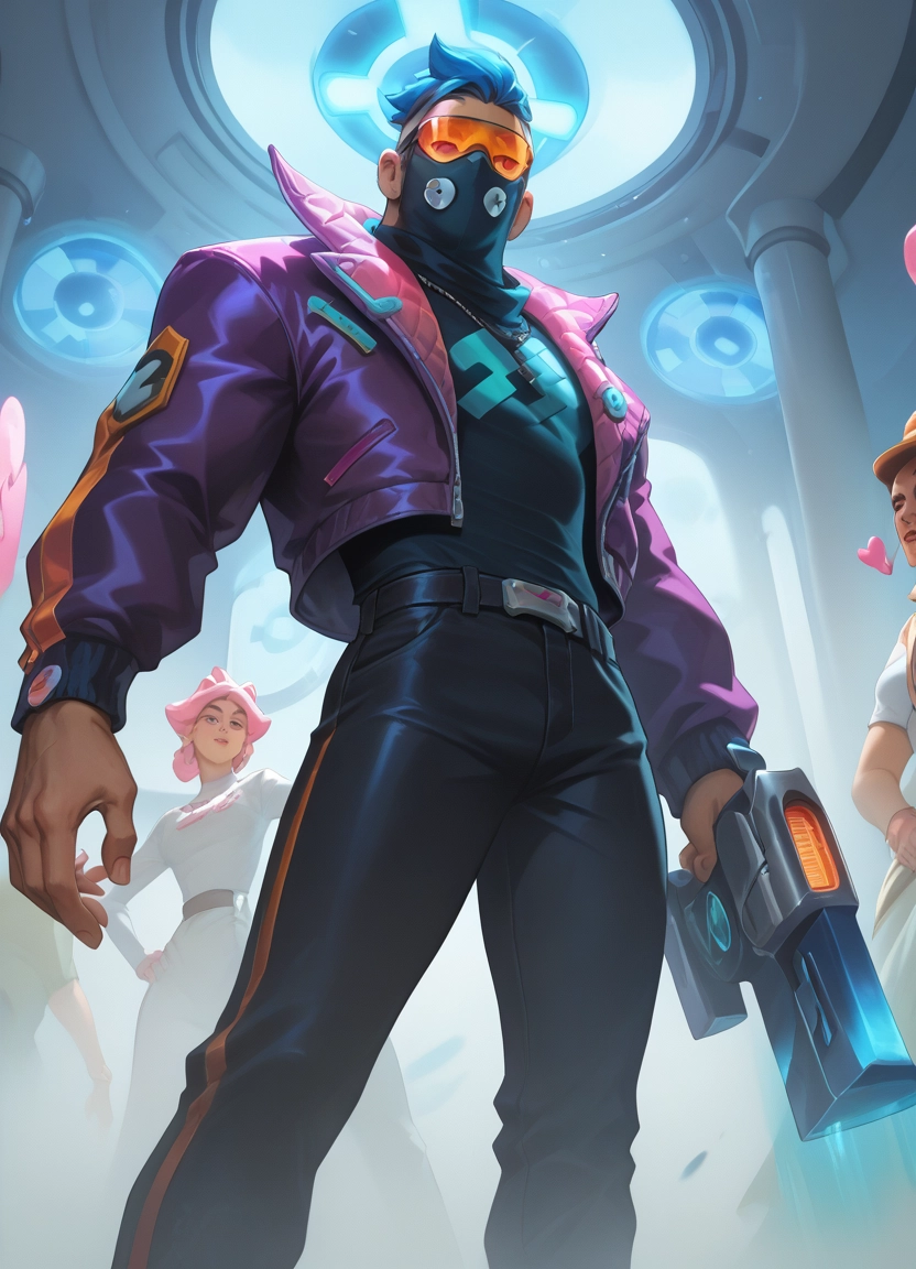 weapon, pink hair, jacket, gun, mask, pants