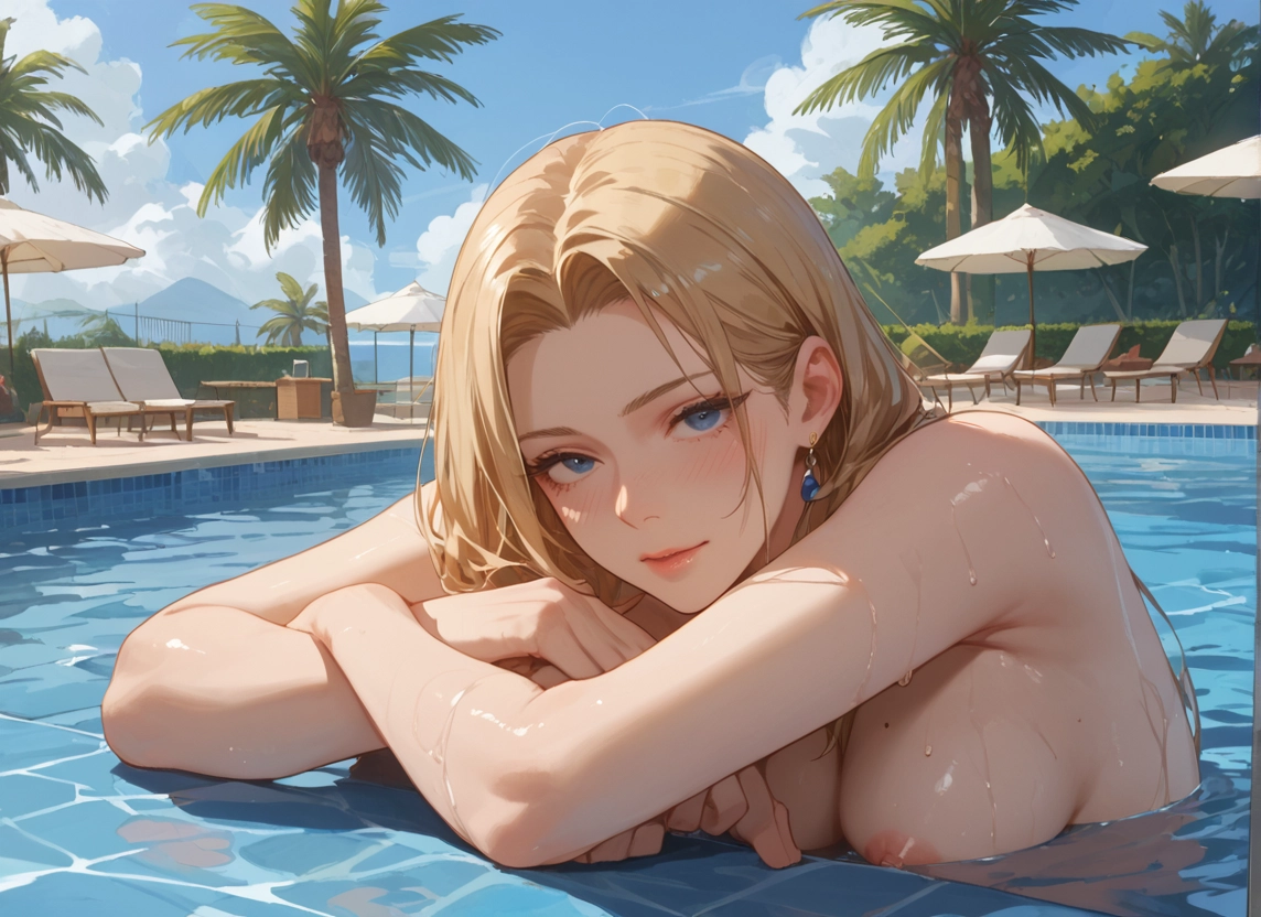 1girl, breasts, nipples, blonde hair, jewelry, blue eyes · Yamete.gg