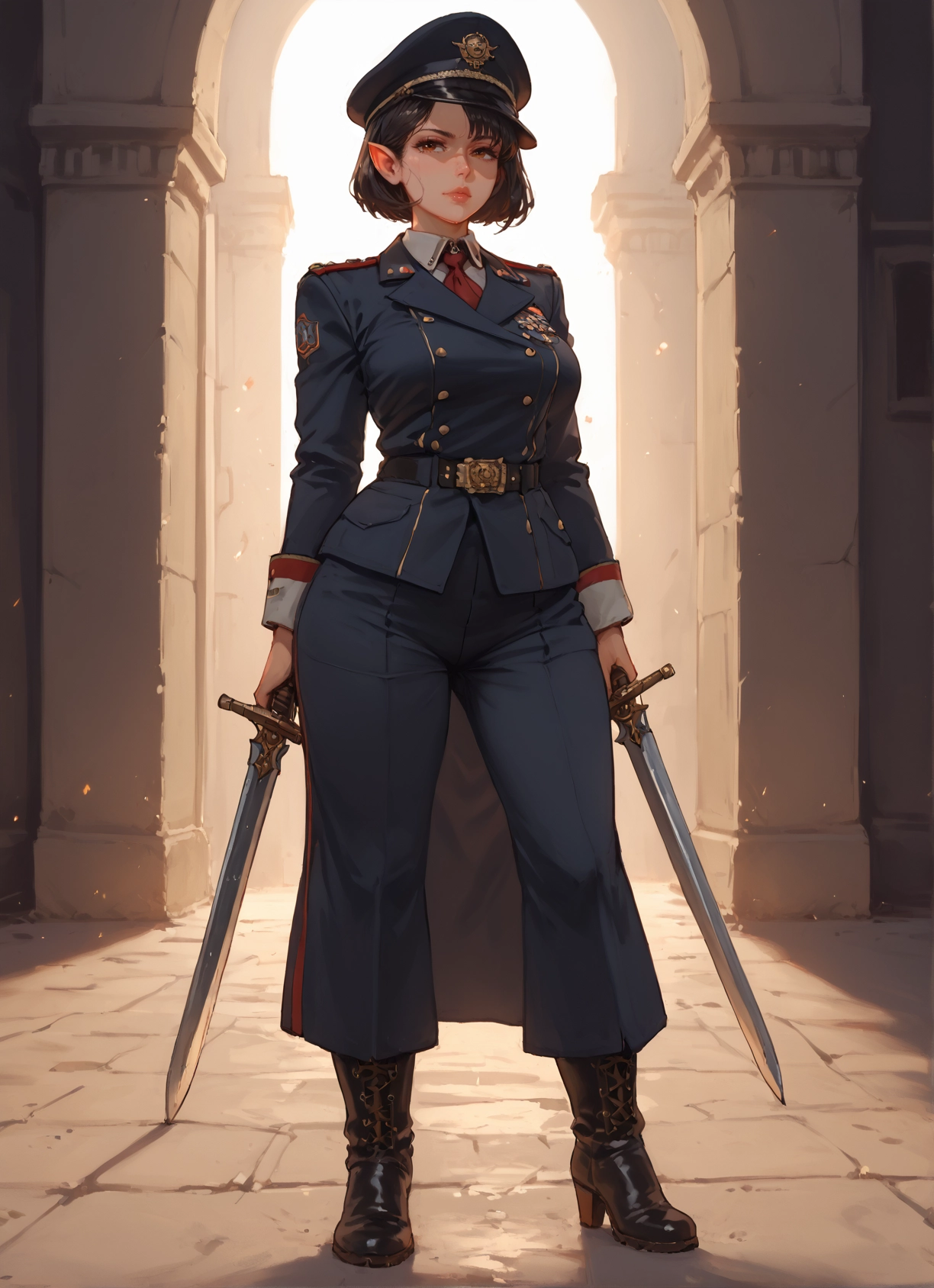 1girl, weapon, solo, sword, uniform, hat · Yamete.gg