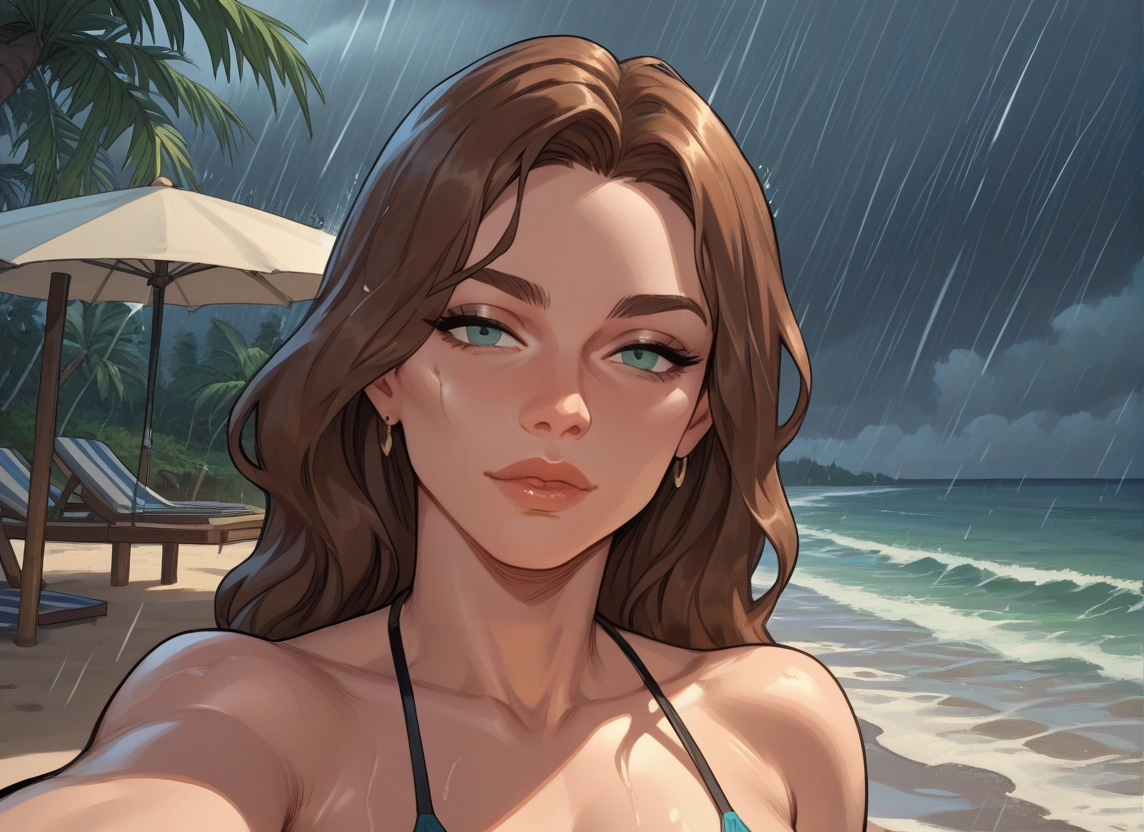 1girl, solo, swimsuit, brown hair, beach, outdoors · Yamete.gg
