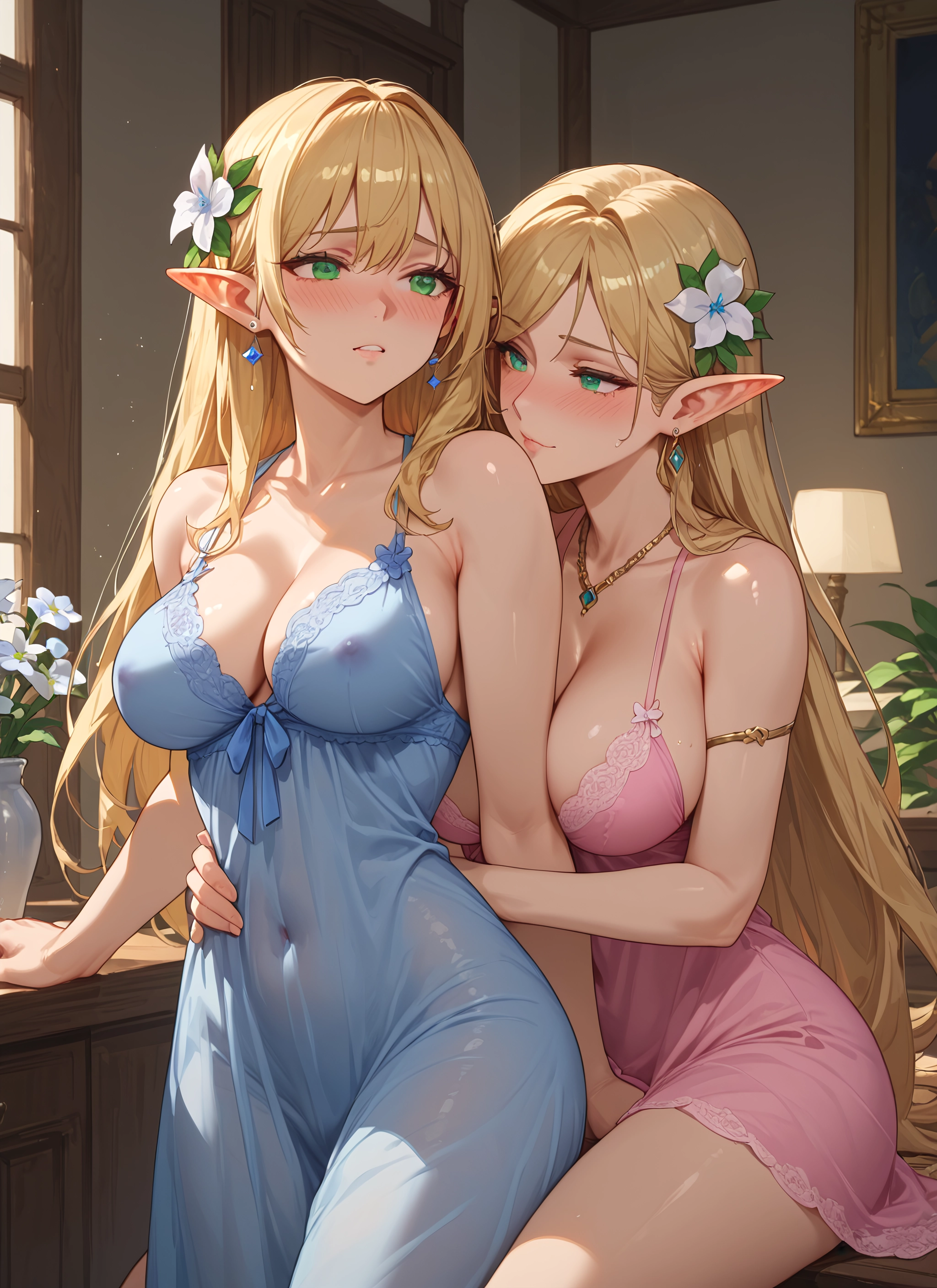 breasts, pointy ears, multiple girls, 2girls, long hair, blonde hair · Yamete.gg