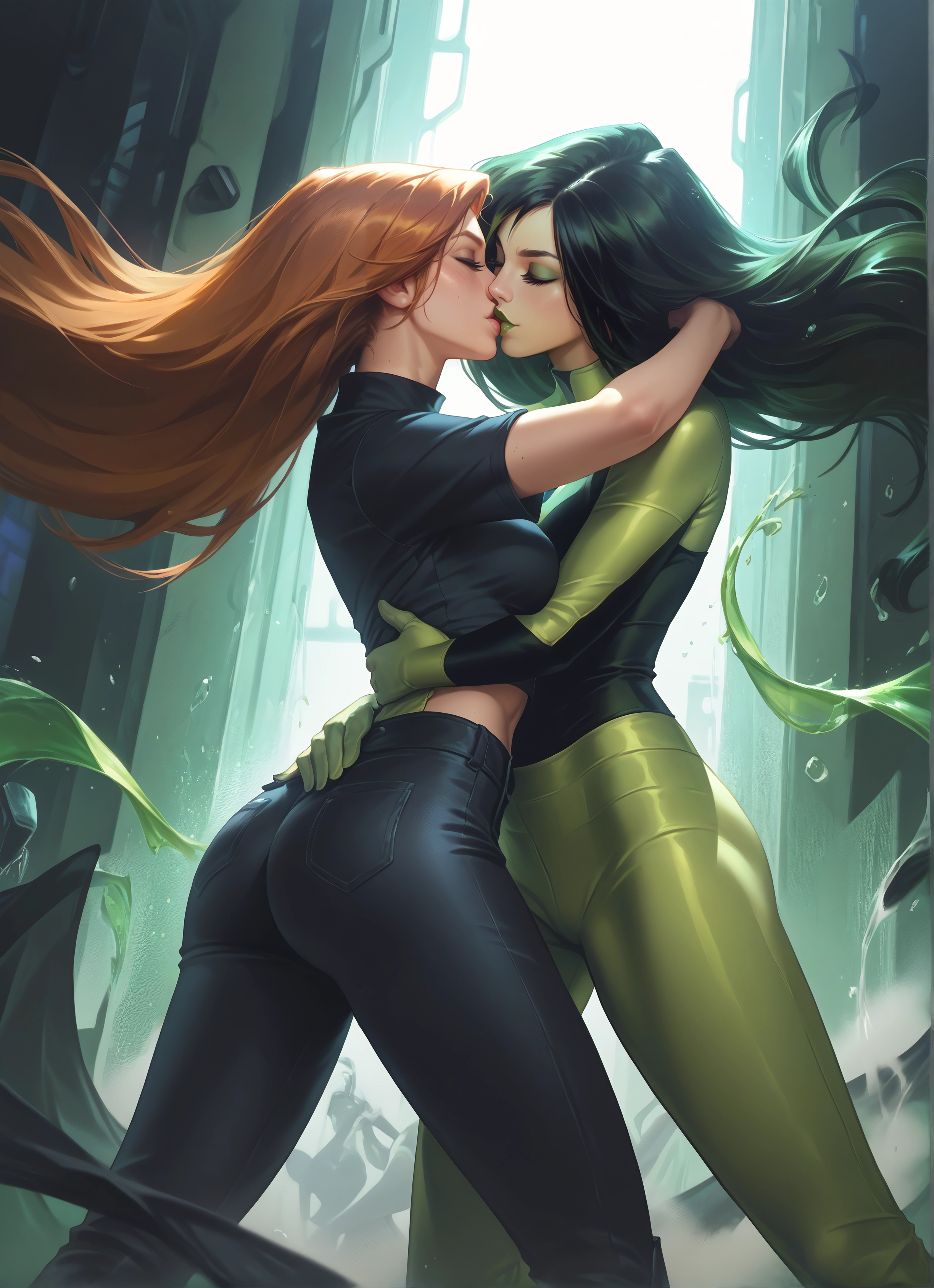 multiple girls, kiss, 2girls, yuri, ass, long hair · Yamete.gg