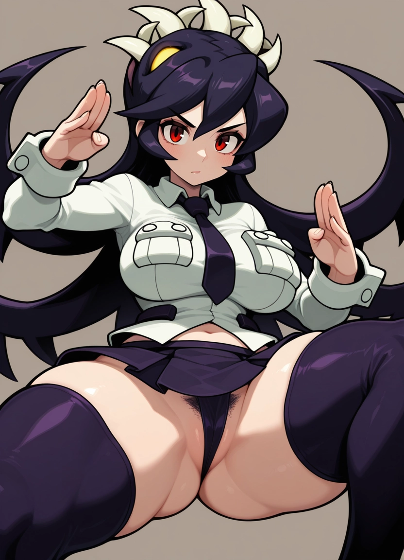 1girl, filia (skullgirls), breasts, red eyes, solo, thighhighs · Yamete.gg