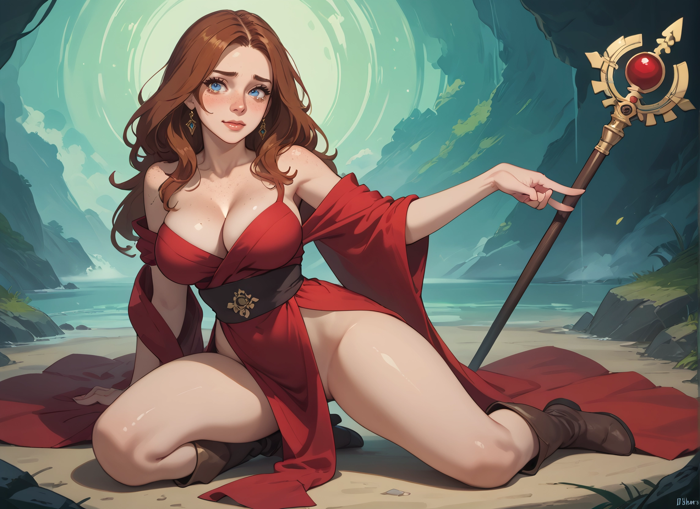1girl, breasts, blue eyes, jewelry, brown hair, staff · Yamete.gg