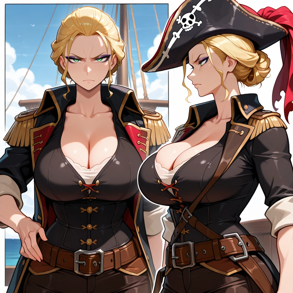 breasts, cleavage, belt, green eyes, brown belt, closed mouth · Yamete.gg