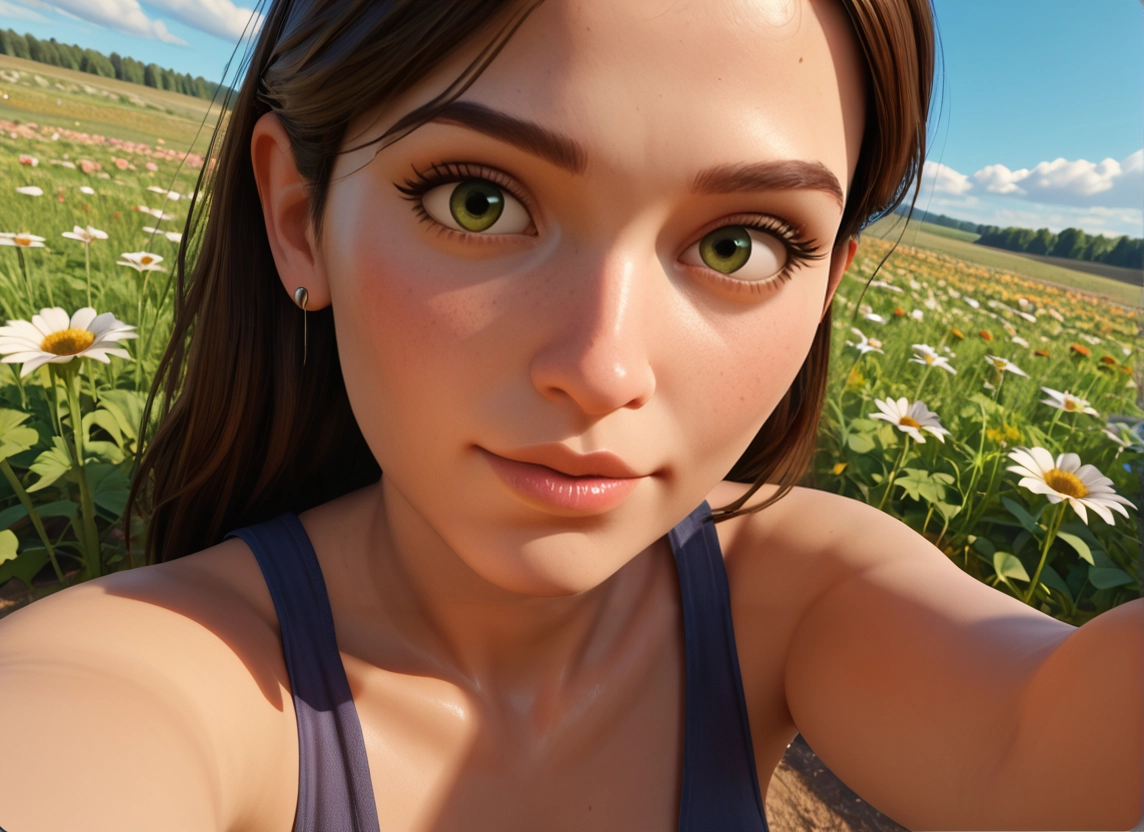 1girl, solo, freckles, flower, brown hair, outdoors · Yamete.gg