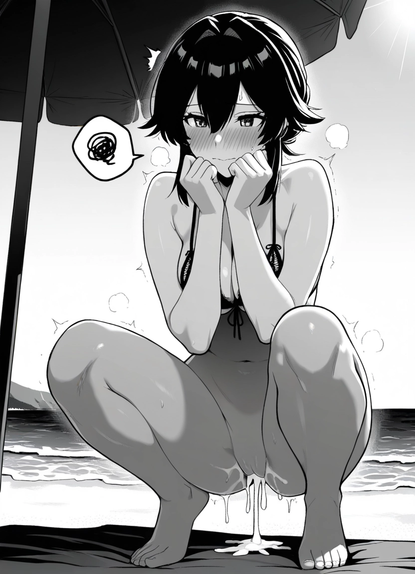 1girl, squatting, monochrome, greyscale, swimsuit, solo · Yamete.gg