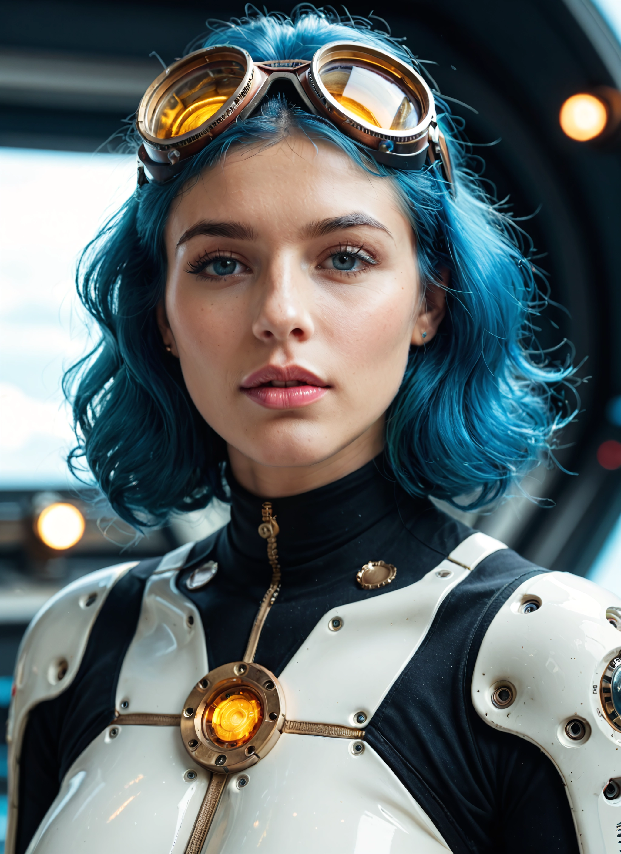 1girl, solo, goggles, goggles on head, blue hair, looking at viewer · Yamete.gg