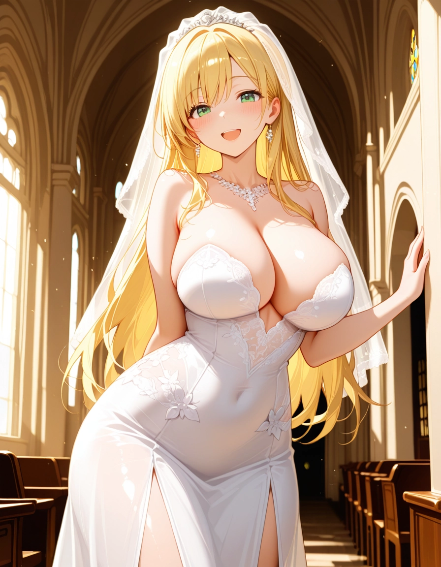 1girl, breasts, solo, blonde hair, dress, green eyes · Yamete.gg