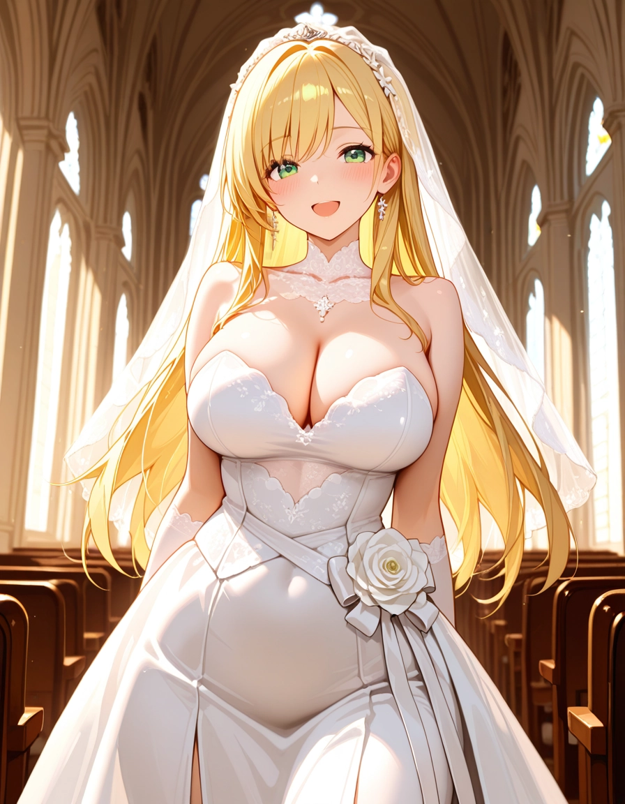 1girl, breasts, solo, blonde hair, dress, green eyes · Yamete.gg