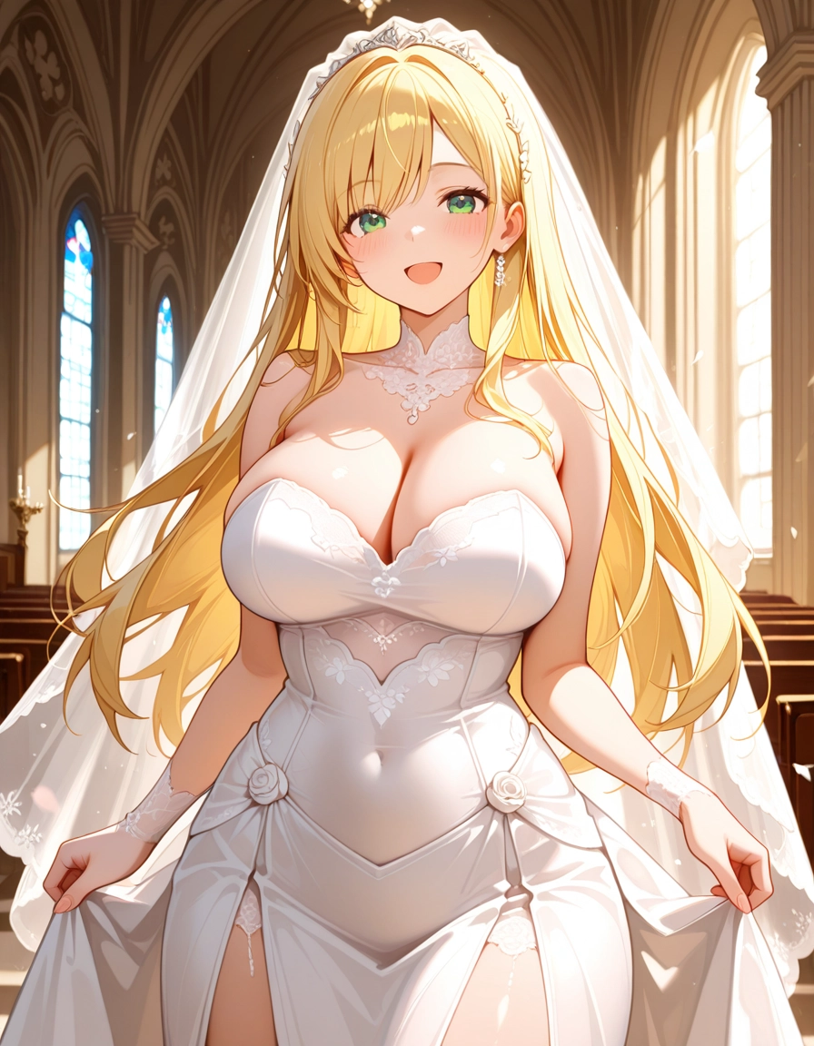 1girl, breasts, blonde hair, green eyes, solo, dress · Yamete.gg