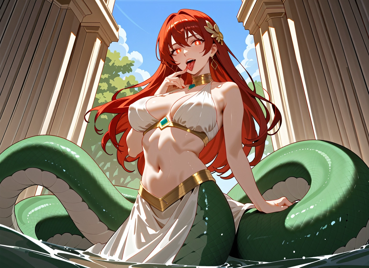 1girl, breasts, solo, monster girl, navel, lamia