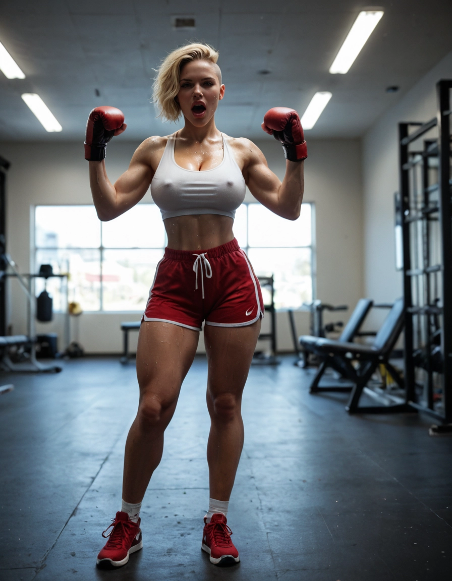 1girl, blonde hair, breasts, shorts, solo, open mouth · Yamete.gg