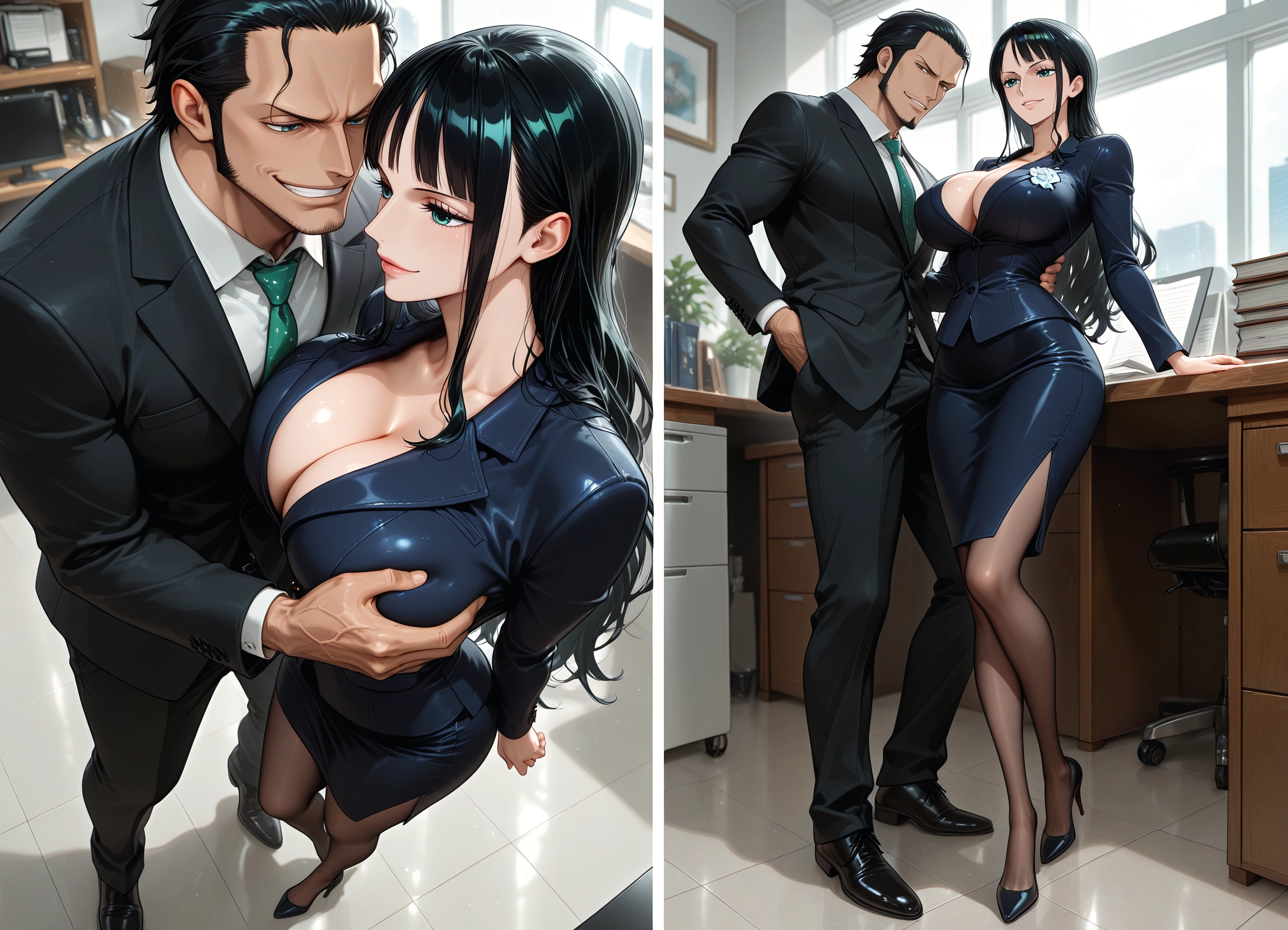 breasts, 1girl, black hair, pantyhose, 1boy, skirt · Yamete.gg
