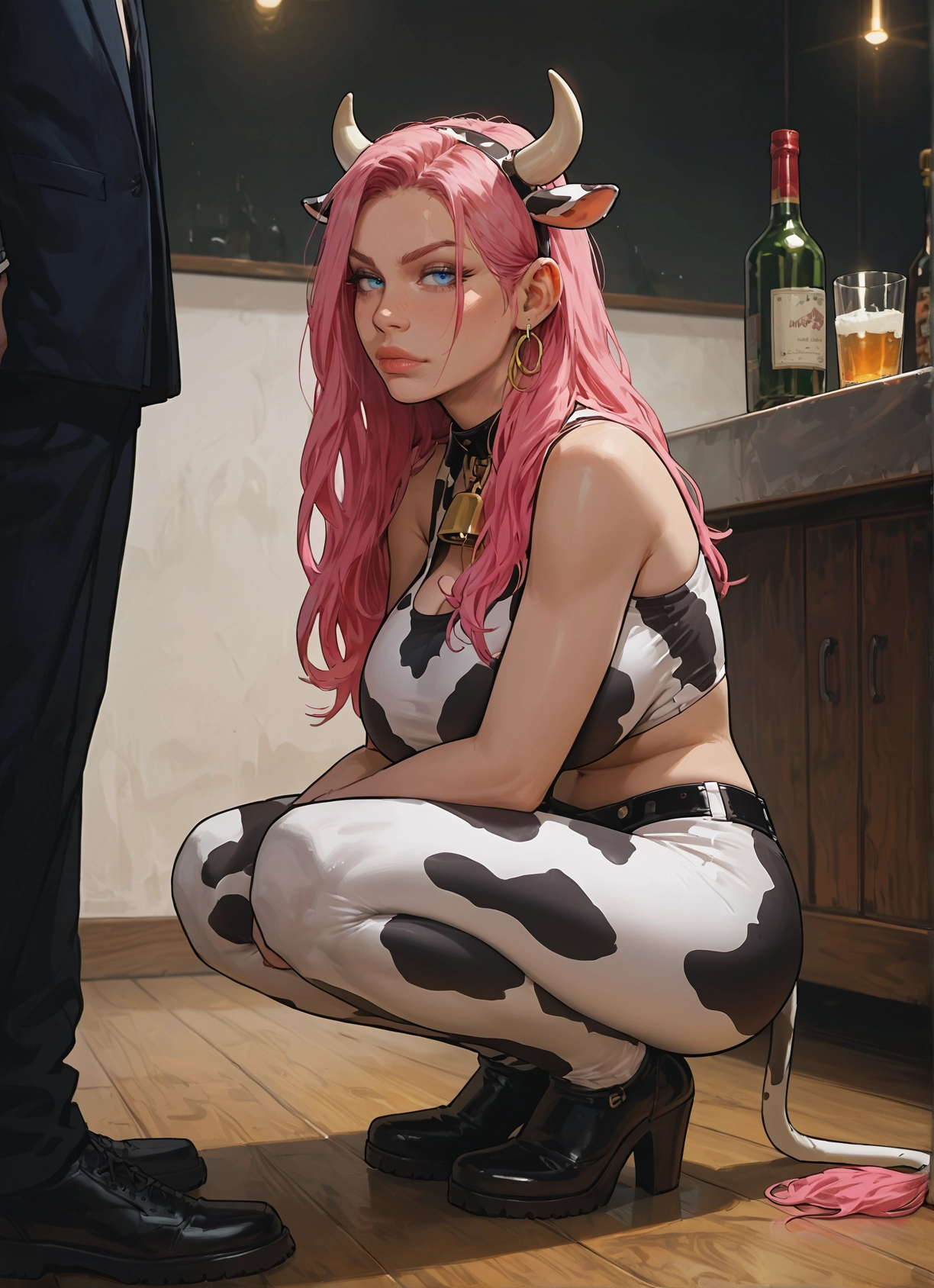 1girl, pink hair, animal print, animal ears, cow print, bell · Yamete.gg