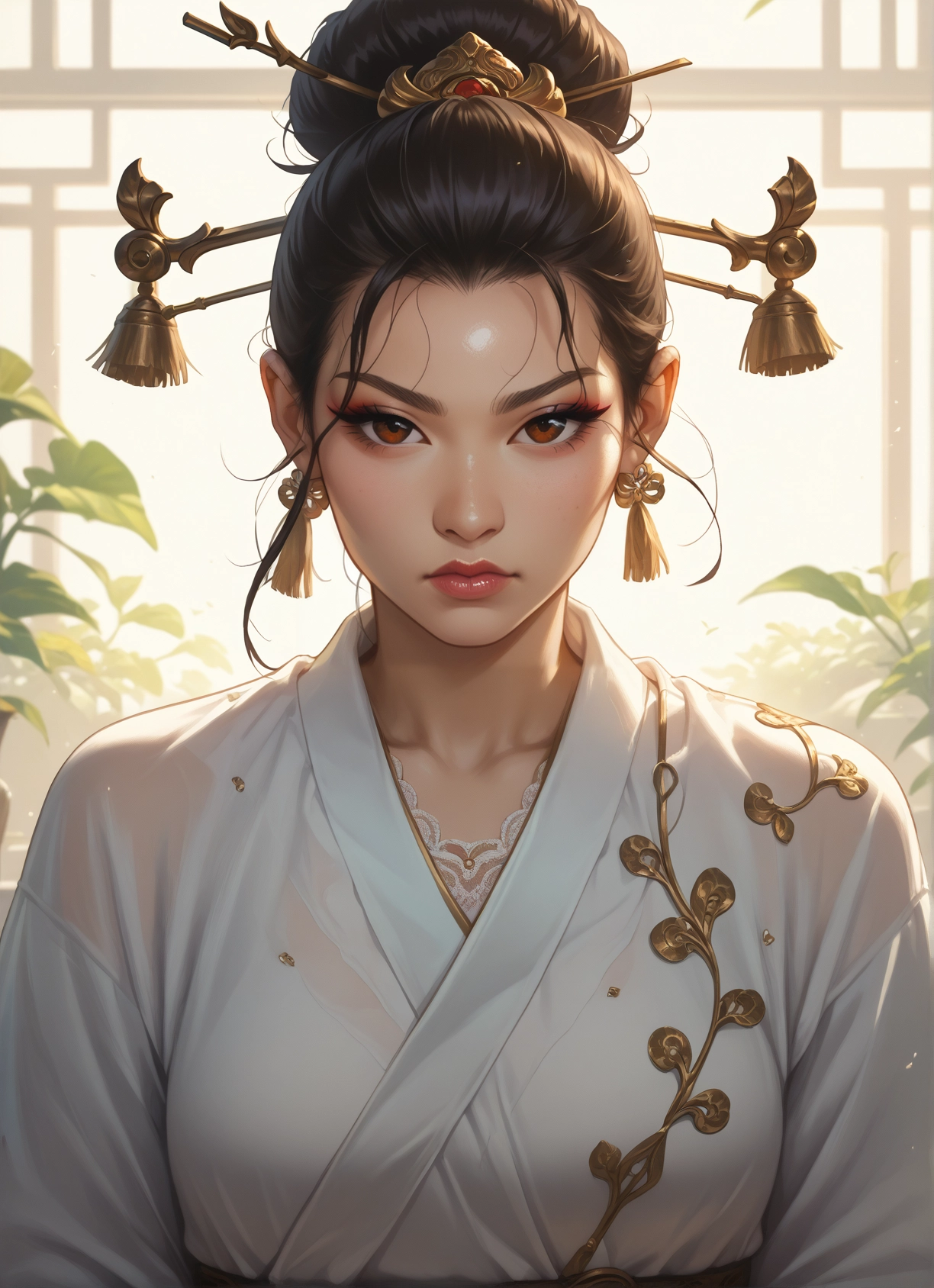 1girl, solo, hair ornament, jewelry, brown eyes, earrings · Yamete.gg