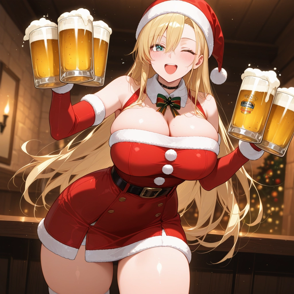 breasts, 1girl, blonde hair, hat, long hair, one eye closed · Yamete.gg