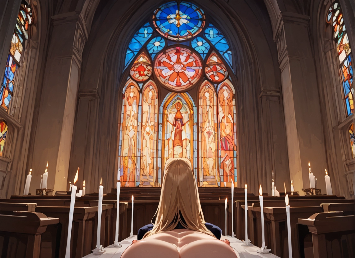 candle, stained glass, long hair, blonde hair, indoors, church · Yamete.gg