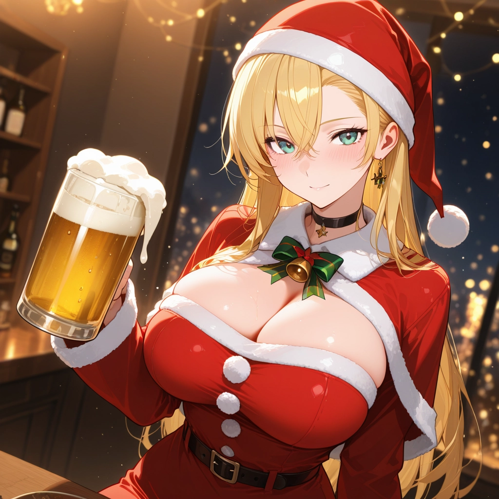 breasts, 1girl, blonde hair, hat, santa hat, cleavage · Yamete.gg