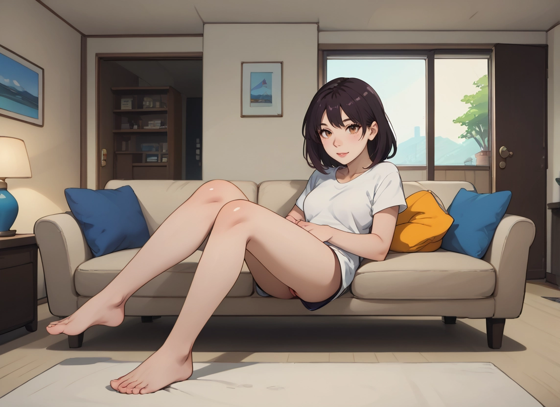 1girl, barefoot, solo, shirt, couch, looking at viewer · Yamete.gg