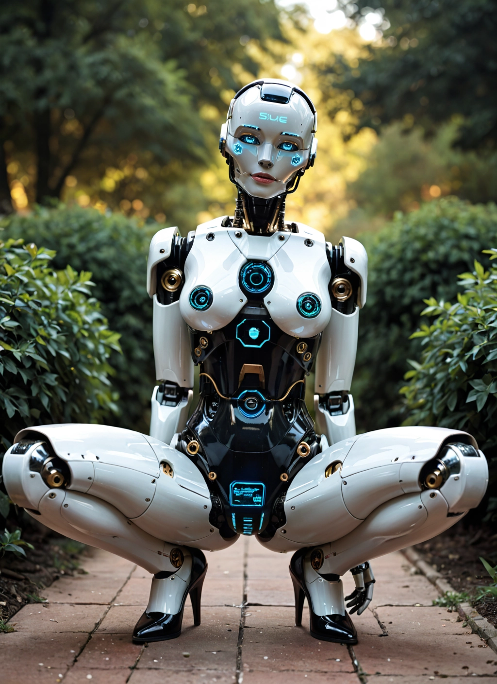 1girl, solo, squatting, high heels, blue eyes, humanoid robot · Yamete.gg