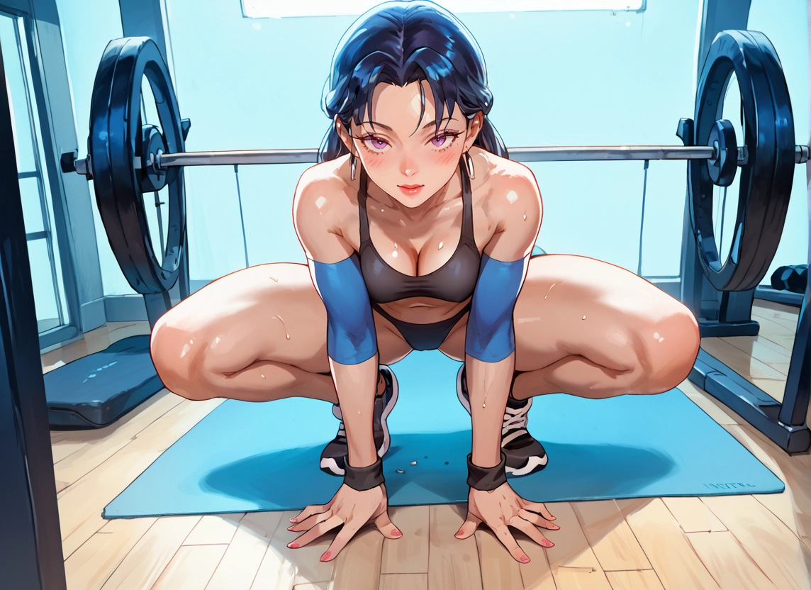 1girl, breasts, squatting, looking at viewer, solo, sweat · Yamete.gg