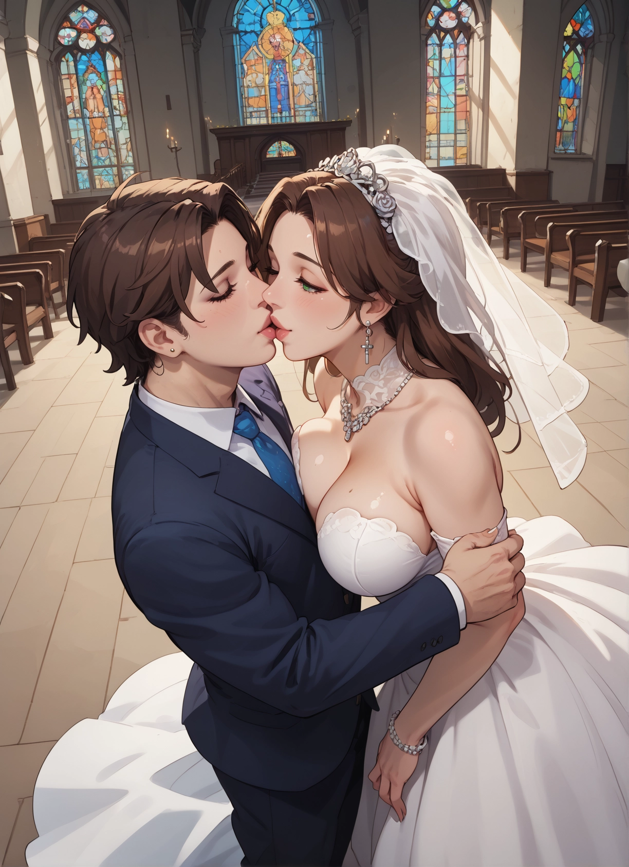 breasts, dress, 1girl, 1boy, brown hair, jewelry · Yamete.gg