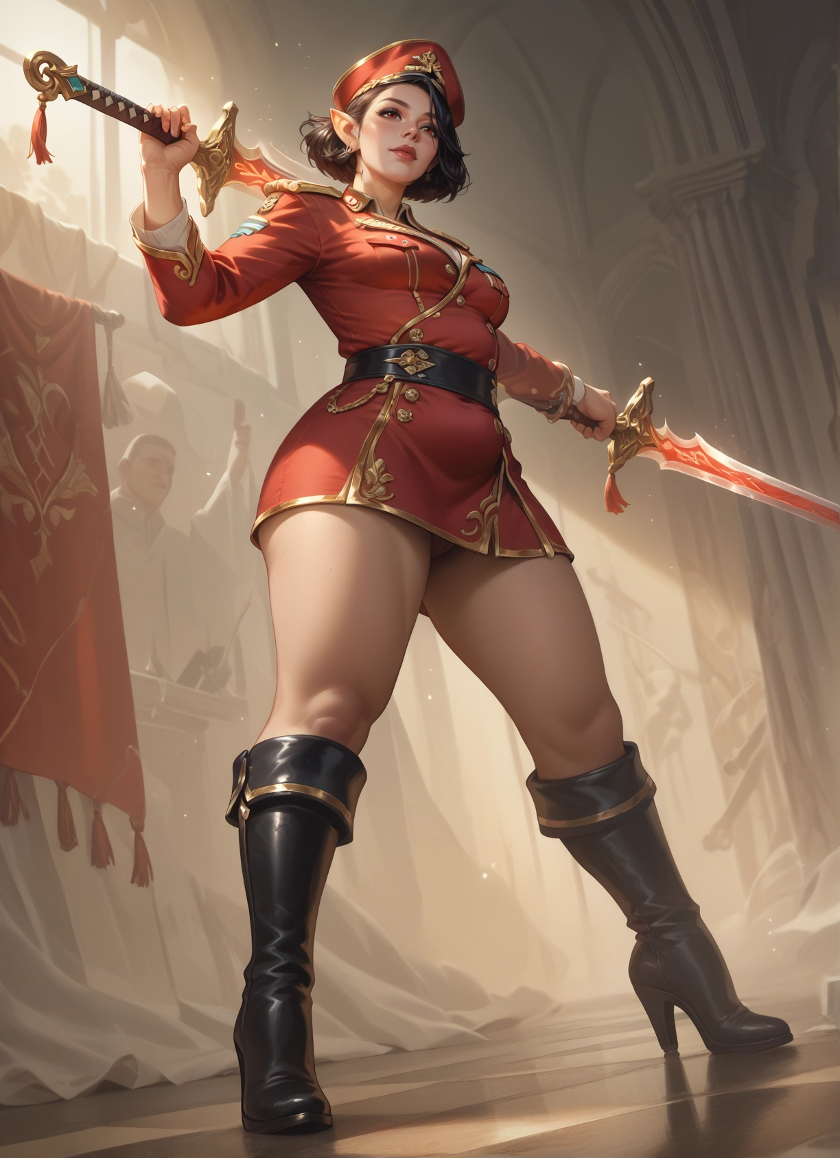 weapon, 1girl, sword, boots, hat, pointy ears · Yamete.gg